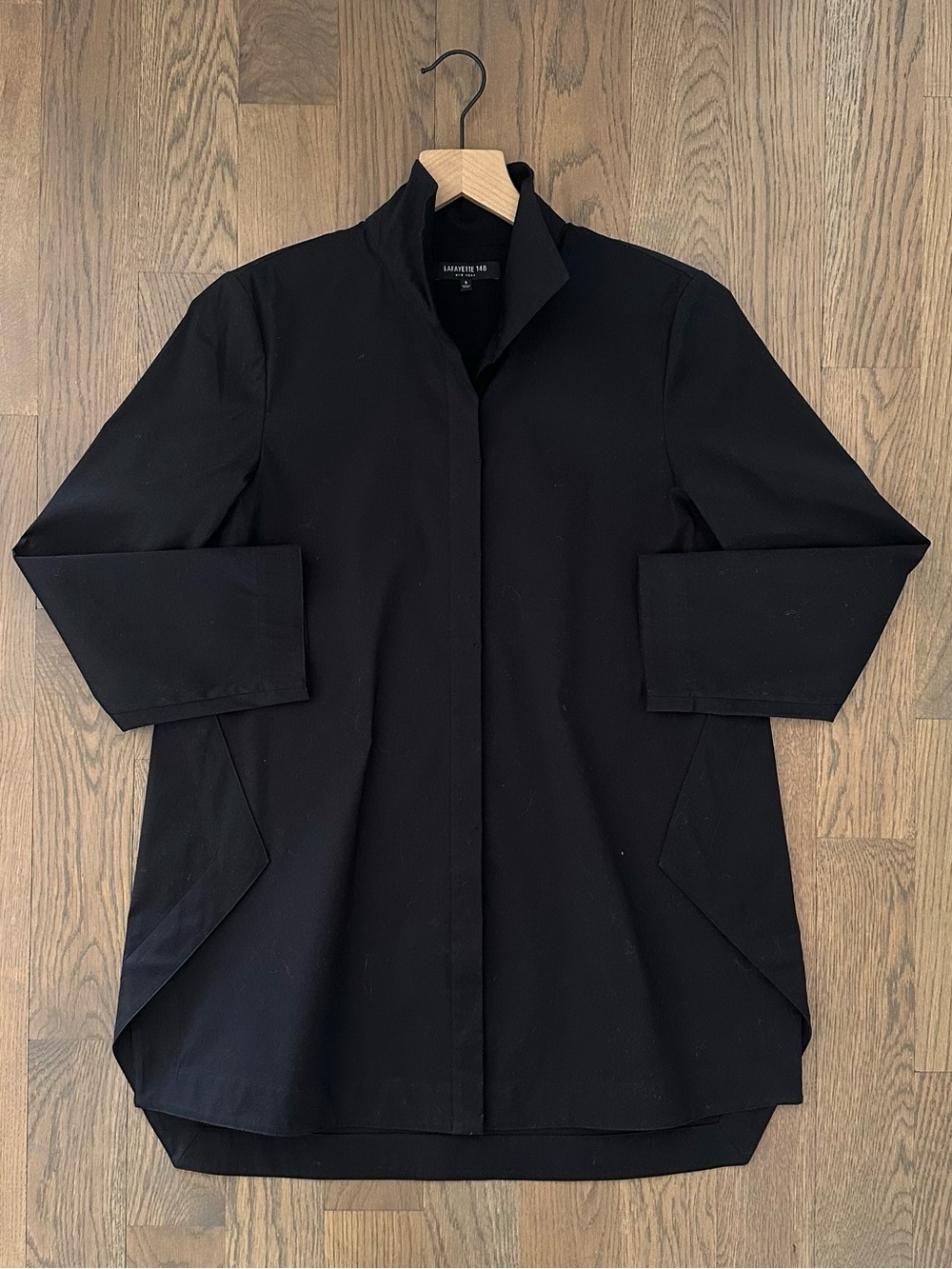 Lafayette 148 New York Cotton Poplin Stand Collar Tunic Foldover Shirt Black S